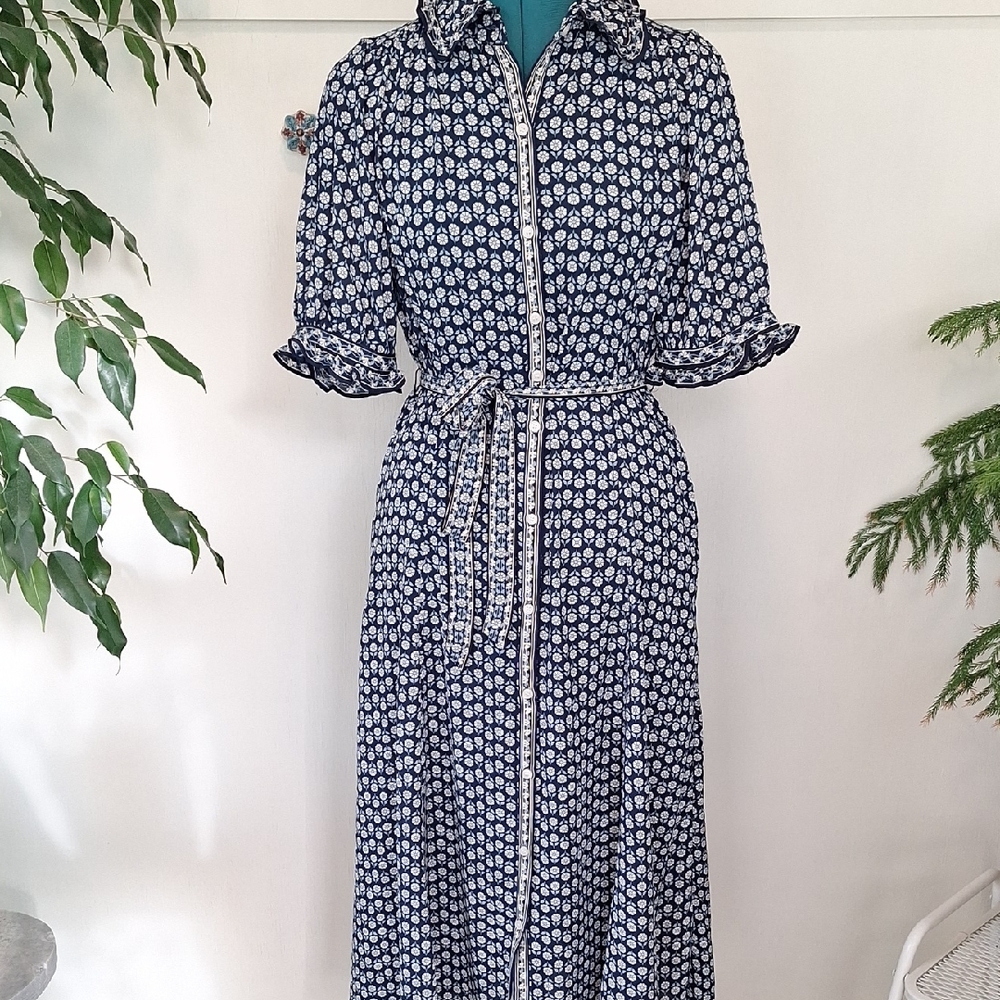 Max Studio Navy and White Long Sleeve Dress